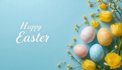 Bright Easter Blessings A Joyful Celebration of Spring with greeting card design and colorful Easter eggs, flowers, and rabbit Eggs.