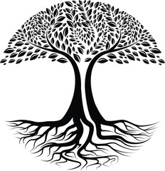 Root Of The Tree logo illustration. Vector silhouette of a tree, green forestry strong root tree logo, High detail illustration of an old olive tree, hand drawn, vector