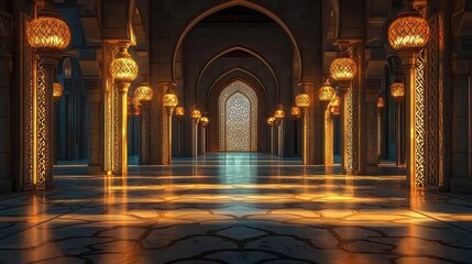 Illuminated Mosque Hallway, Arabian Architecture, Night