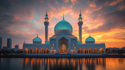Sunset Majesty Mosque Reflecting in City Water