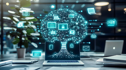 Concept of computer networks with global digital connections and technology symbols
