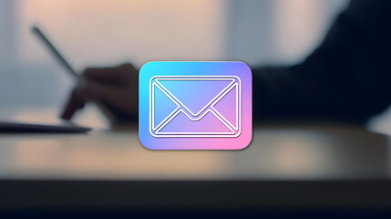 3D rainbow email symbol on a background of a businessman