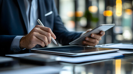 A businessman working on a tablet in an office environment using a stylus and a smartphone