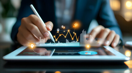 Business people working with digital tablets at an office desk with icons of up-down graphs