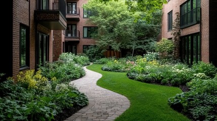 Fototapeta premium Serene Courtyard Garden with Winding Stone Path and Lush Greenery