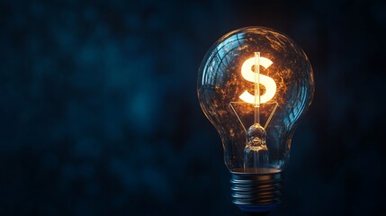 Illuminated Dollar Sign in Lightbulb, Dark Background, Finance Idea