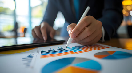Businessman working on financial report with pen in hand at the office desk