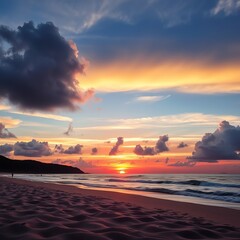 an image of a sunset on a beach with a person walking on the sand, there is a person walking on the beach at sunset