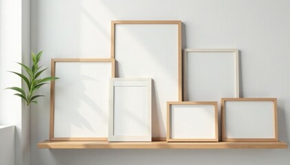Wooden rack with various sized empty frames against white wall , rustic, wall, rack