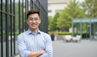 Obraz premium Confident Young Asian Male Professional Standing Outside Modern Office Building with Glass Walls and Greenery in Background, Smiling with Arms Crossed