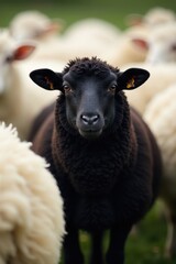 Fototapeta premium A lone black sheep, sharply in focus, surrounded by softly-focused white sheep , background, countryside