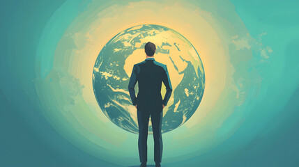 Businessman in a suit striking a pose as if standing and looking at the world.