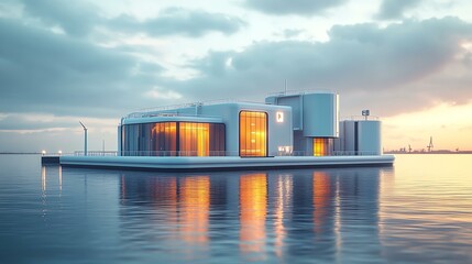 Obraz premium Water bubble Hydrogen fuel A modern architectural masterpiece situated on water, featuring sleek lines and illuminated windows during sunset, creating a tranquil atmosphere.
