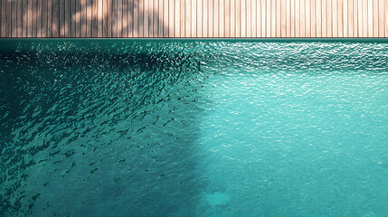Swimming pool with a walkway crossing over the pool made of wooden decking