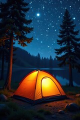 Close-up of a tent illuminated by starlight, tranquil forest setting , peaceful, glow