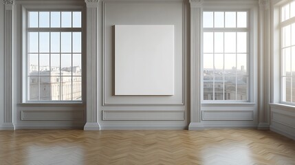 Fototapeta premium Elegant Room with Blank Canvas and City View