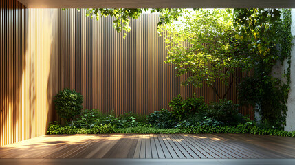 Design of a house fence and floor made of wood, decorated with plants to create a color contrast, giving a natural look
