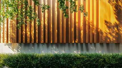 Design of a house fence using concrete, enhanced with wooden decking and shrubbery