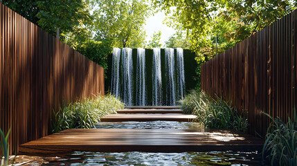 Design of an indoor garden with a waterfall flowing down, contrasting with the color of the wooden floor, decorated with plants for harmony with nature