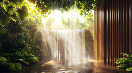 Design of an indoor garden with a waterfall flowing down, contrasting with the color of a wooden fence used for separation, decorated with plants for harmony with nature