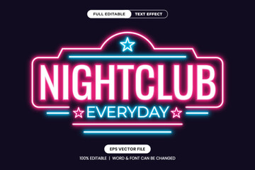 Obraz premium Neon nightclub text effect with glowing pink and blue typography on a dark background. Fully editable EPS vector file, ideal for bar signs, party promotions, and nightlife branding
