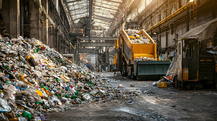Inside a waste facility with piles of waste and garbage trucks