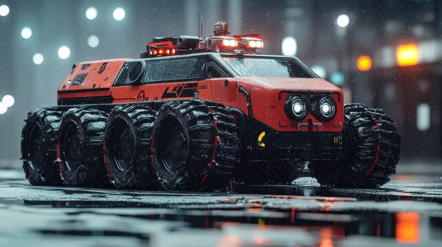Futuristic red all terrain vehicle driving in wet urban environment