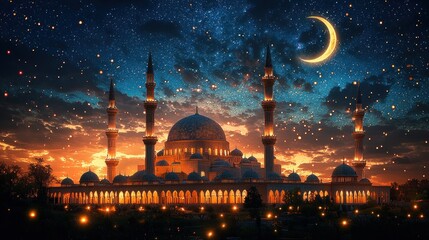 Fototapeta premium Night Sky over Illuminated Mosque at Sunset