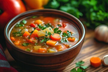 Hearty vegetable soup bubbling in a wooden bowl surrounded by fresh ingredients and herbs