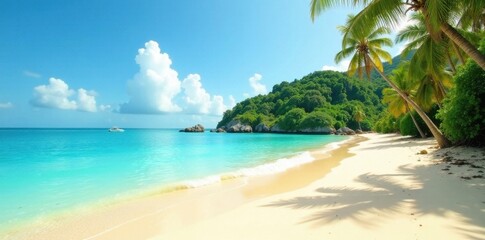 Golden sand, turquoise water, lush island backdrop, paradise, warmth, sunlight