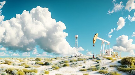 Pumpjack in Arid Landscape: 3D Render of an Oil Field Under a Sunny Sky AI Generated