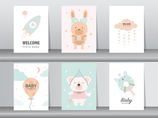 Set of baby shower invitations cards.Cute animal.poster,greeting,template,bear,Vector illustrations.