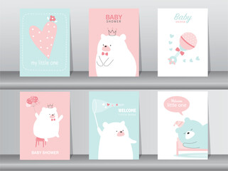 Set of baby shower invitations cards.Cute animal.poster,greeting,template,bear,Vector illustrations.