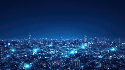 Night cityscape network, futuristic connections, urban lights, aerial view, stock photo
