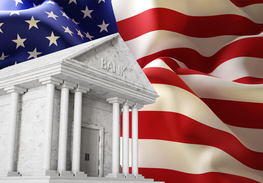 Bank building on USA flag background. American economy and business. Federal Reserve Bank