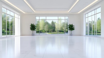 Spacious, modern, bright interior with large windows overlooking a garden