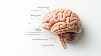 Artistic representation of a human brain with digital circuit connections illustrating the fusion of biology and technology