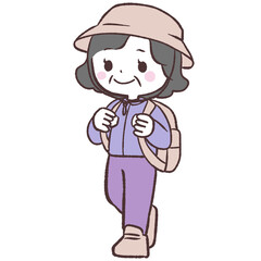 リュックを背負って歩くシニア女性イラスト