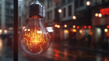 Modern Light Bulb with Financial Data Overlay in Urban Setting During Rainy Evening
