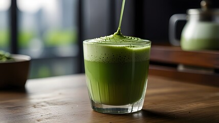 A refreshing matcha latte with layered green tea and frothy milk, condensation forming on the glass, with a small matcha whisk in the background 