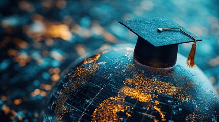 A concept of global business study abroad education, featuring a graduation hat on a globe model  