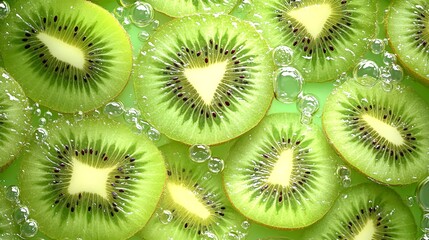 Fresh Kiwi Slices with Bubbles in a Vibrant Green Background  freshness, vitality