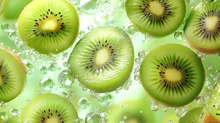 Fototapeta premium Fresh Kiwi Slices with Bubbles in a Vibrant Green Background freshness, vitality
