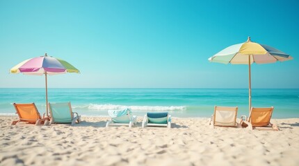 Fototapeta premium Beach chairs and umbrellas on sandy shore facing turquoise ocean under clear blue sky. Summer vacation and travel concept