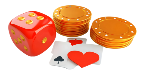 Illustration of Red Dice Gold Chips and Playing Cards on Transparent Background Showcasing Casino Gambling Game with Risk Chance Luck Entertainment and Leisure