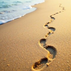 Two sets of small footprints, merging and diverging on a pristine beach , beach, shore