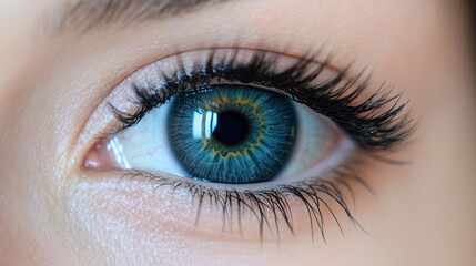 Obraz premium A macro shot of a woman’s eye with a vibrant deep blue retina, highlighting the fine details of the iris, radiating patterns, and natural textures
