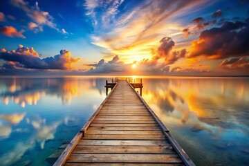 Obraz premium Serene Wooden Pier at Sunset: Double Exposure Stock Photo