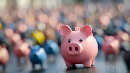Obraz premium Pink Piggy Bank in Focus Among Blurred Piggy Banks Saving Money Concept