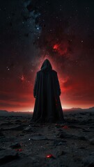 A man in a black cloak sits on the ground, with red stars, symbolizing the grim reaper at the edge of the universe.  